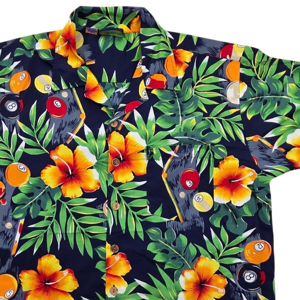 Hawaiian‎ Shirt Billiards Pool Floral by Roundy Bay Black Mens Large